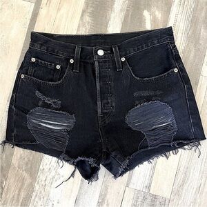 Levi’s 501 High Rise CutOff Denim Black Jean Shorts Distressed Button Fly